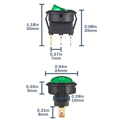 VEXUNGA Round Rocker Switch 12V 20A Green Light Iluminated Small Rocker Switch On Off 3 Pin Circle Square Toggles Switches for RV Car Truck Boat (Pack of 5pcs) - style: 5Pcs 3 Pin ON/OFF - Green
