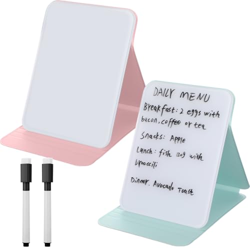 Dunzoom 2 Sets 4 Pcs Small Glass Desktop Whiteboard with Reversable Stand 8x6 Inch Mini Dry Erase White Board Easel with 2 Markers Reusable Desk Notepad for Home Office School Supplies (Pink,Green) - color: Pink, Green