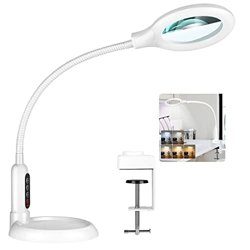 10X Magnifying Glass with Light and Clamp, 5 Color Modes Stepless Dimmable Lighted Magnifier with Stand, Flexible Gooseneck LED Desk Lamp Hands Free for Craft Painting Hobby Close Work - color: White, size: 10X