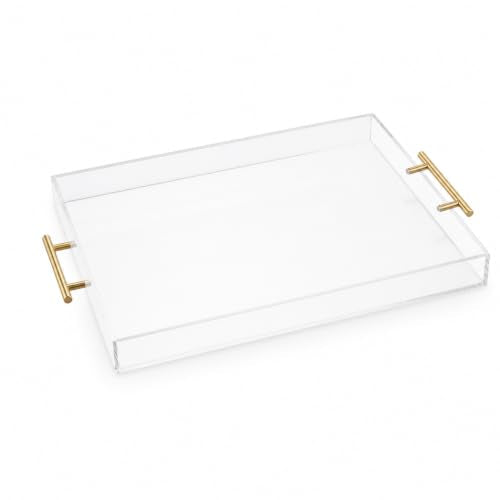 Clear Acrylic Tray 20x16” with Golden Metal Handles - Large Plastic Tray for Serving Guests, Countertop Organization, Ottoman Coffee Table & Vanity – Modern Decorative Tray for Home & Office - color: Golden Handles - Transparent, size: 20" x 16" x 2"