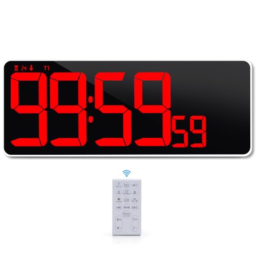 13.7" Large Digital Timer Wall Clock with Remote Control, Count Down Up Digital Timer, Auto DST LED Big Digital Clock for Bedroom Kitchen Living Room Office Gym Home Decor, Red