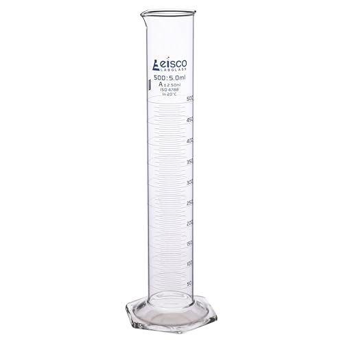 Graduated Cylinder, 500ml - Class A Tolerance ±2.50ml - Hexagonal Base - Blue Graduations - Borosilicate 3.3 Glass - Eisco Labs - size: 500mL