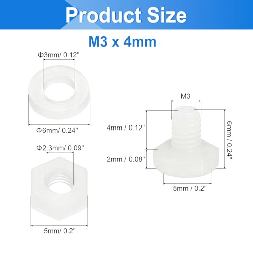 uxcell 300 Pcs/100 Sets Nylon Hex Bolts, M3 x 4mm Plastic Full Threaded Hex Head Screws Bolts and Nuts with Flat Washers for Machinery Electronics Industrial Accessories, White - size: M3 x 4mm