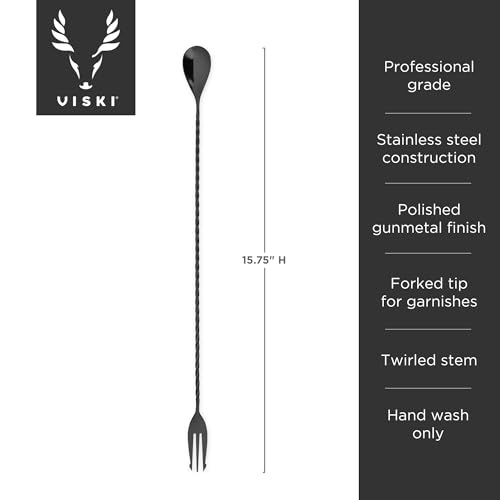 Viski Trident Barspoon with Full Twisted Stem Handle | Cocktail Spoon, Bartender Tool for Mixing Glasses, Swizzle Stick, Gunmetal Finish - color: Black