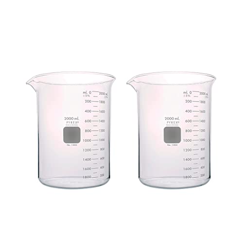 PYREX Griffin Borosilicate Glass Beaker - Low Form Graduated Measuring Beaker with Spout – Premium Scientific Glassware for Laboratories, Classrooms or Home Use - PYREX Chemistry Glassware, 2L, 2/Pk - size: 2 L