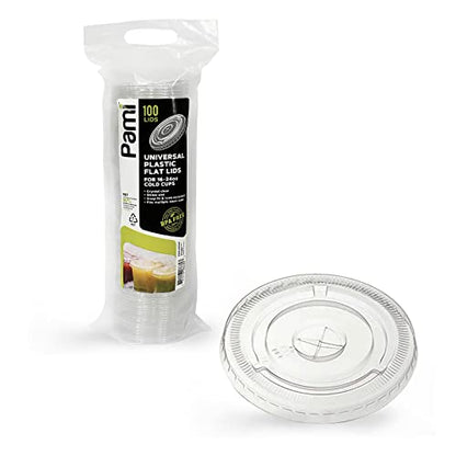 PAMI Clear Plastic Flat Lids with Straw Slot,Fits 16-24 oz Cups,100-Pack