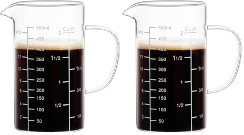 PARACITY 2 Cup Glass Measuring Cup, Liquid Measuring Cups with three Scale and V-Shaped Mouth, Glass Coffee Cups with Handle, Glass Beaker for Kitchen or Restaurant 500 ML (Pack of 2) - size: 500ml (Pack of 2)