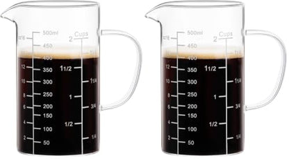 PARACITY 2 Cup Glass Measuring Cup, Liquid Measuring Cups with three Scale and V-Shaped Mouth, Glass Coffee Cups with Handle, Glass Beaker for Kitchen or Restaurant 500 ML (Pack of 2) - size: 500ml (Pack of 2)