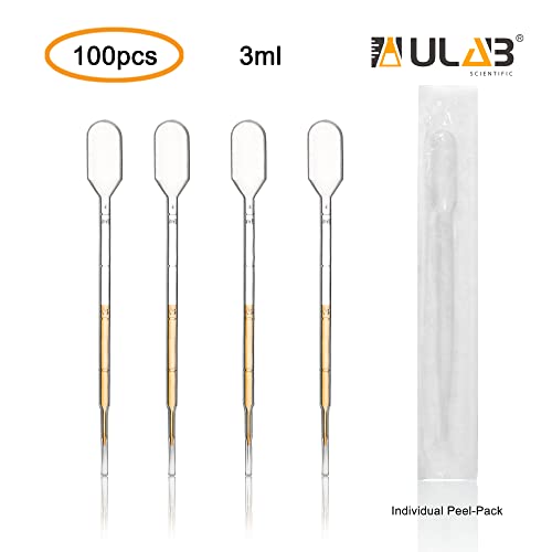 ULAB 100 Pcs Sterile Transfer Pipettes, Individual Peel-Pack, Vol. 3ml, 0.25ml Graduation Interval, 140mm Long, Low-Density Polyethylene Material, UTP1015 - style: Vol.3ml, 100pcs, Individual Peel-Pack