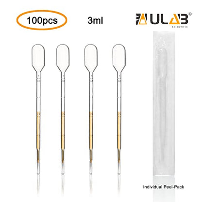 ULAB 100 Pcs Sterile Transfer Pipettes, Individual Peel-Pack, Vol. 3ml, 0.25ml Graduation Interval, 140mm Long, Low-Density Polyethylene Material, UTP1015 - style: Vol.3ml, 100pcs, Individual Peel-Pack