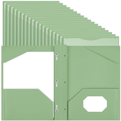 Henoyso 48 Pcs Plastic Folder with Clear Front Pocket and 3 Prongs Heavy Duty Plastic Folders with Card Slot Pocket Folders with Prongs for School Office Home(Sage Green) - color: Sage Green
