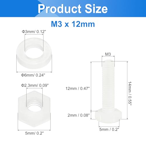 uxcell 300 Pcs/100 Sets Nylon Hex Bolts, M3 x 12mm Plastic Full Threaded Hex Head Screws Bolts and Nuts with Flat Washers for Machinery Electronics Industrial Accessories, White - size: M3 x 12mm