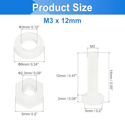 uxcell 300 Pcs/100 Sets Nylon Hex Bolts, M3 x 12mm Plastic Full Threaded Hex Head Screws Bolts and Nuts with Flat Washers for Machinery Electronics Industrial Accessories, White - size: M3 x 12mm