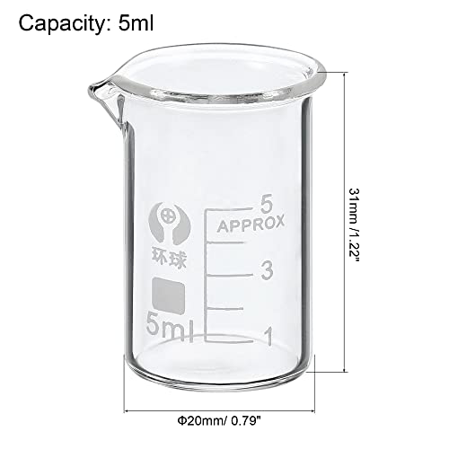 PATIKIL 5ml Low Form Glass Beaker, 3.3 Borosilicate Glass Graduated Printed Scale Measuring Cups with Spout for Kitchen Lab Liquids Transit Boiling - size: 5ml