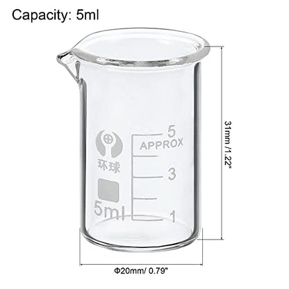 PATIKIL 5ml Low Form Glass Beaker, 3.3 Borosilicate Glass Graduated Printed Scale Measuring Cups with Spout for Kitchen Lab Liquids Transit Boiling - size: 5ml