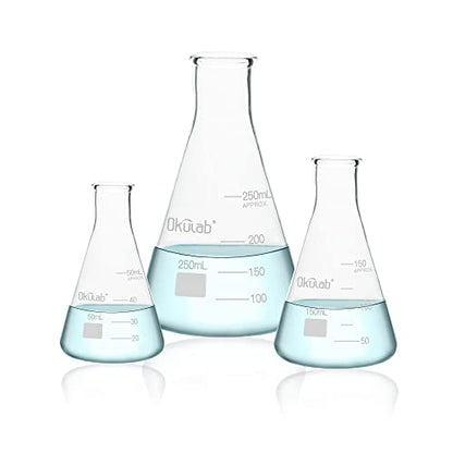 Conical Flask Set, Glass Erlenmeyer Flask Set, Include Vol.50.150.250ml, Borosilicate Glass 3.3, with Printed Graduation.EFNGS3A1 - style: 3 sizes,Vol.50 150 250ml