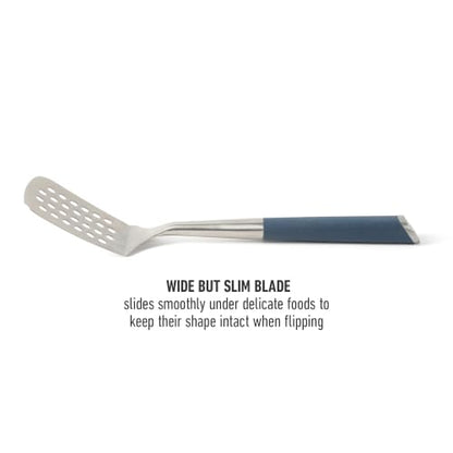 Calphalon Slotted Turner, Kitchen Flipping Spatula, Slotted Spatula, Stainless Steel Turner with Silicone Heat Resistance Handle, Nonstick-Safe Spatula for Draining and Flipping (Navy) - color: Navy Blue I, size: Slotted Turner