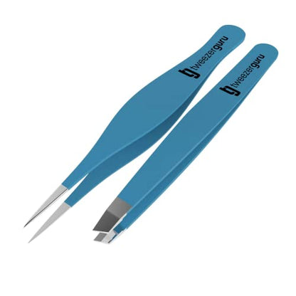Tweezer Guru Eyebrow Tweezers for Women & Men - Set of 2, Professional, Stainless Steel, Slant and Pointed Tweezers for Ingrown Hair, Splinters and Blackhead Removal (Teal) - color: Teal