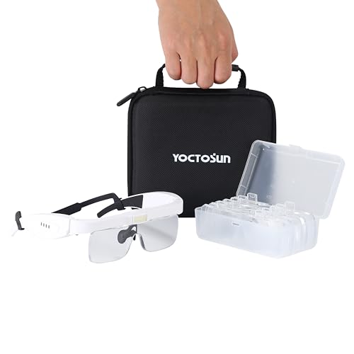 YOCTOSUN Headband Magnifier with 3 LED Lights, Storage Case, Head Strap and 5 Detachable Lenses 0.75X,1.25X,2.0X,3.0X 4.0X, Magnifying Headset for Close Work, Hobby & Crafts - color: White With Storage Case