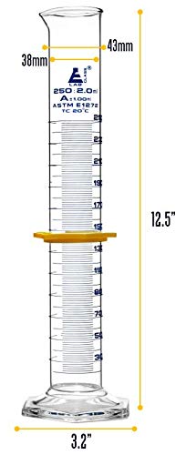 Graduated Cylinder, 250mL - ASTM, Class A Tolerance ±1.00mL - Protective Collar, Hexagonal Base - Blue Graduations - Borosilicate 3.3 Glass - Eisco Labs - size: 250mL