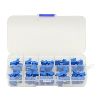 40Pcs 1K 2K 5K 10K 20K 50K 100K 500K Ohm 1M 500R 3386P Trim Potentiometer Kit with Blue Knobs Breadboard Compatible Variable Resistors