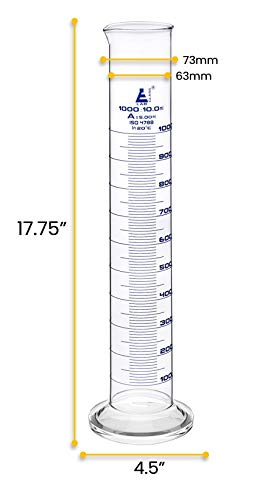 Graduated Cylinder, 1000ml - Class A Tolerance ±5.00ml - Round Base - Blue Graduations - Borosilicate 3.3 Glass - Eisco Labs - size: 1000mL