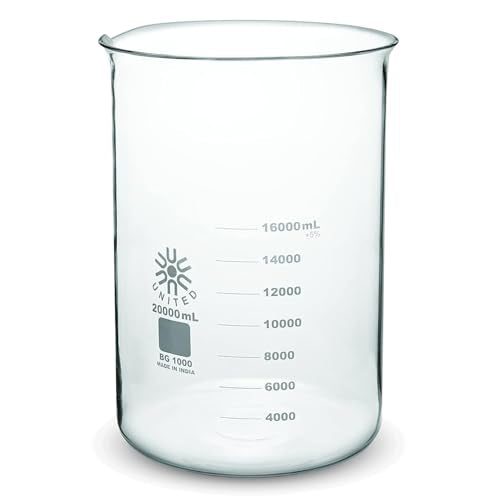 United Scientific™(20000mL) 20 Liter Glass Beaker - Low Form Griffin, 3.3 Borosilicate Glass Beaker, Double Scale Graduated Chemistry Glassware, Pour Spout, Autoclavable Laboratory Glassware, 1 Each - size: 20L (1 Each)