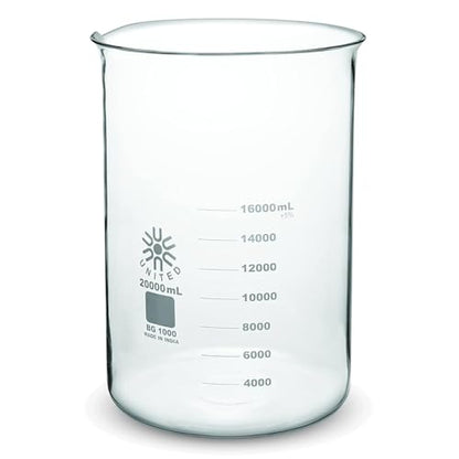 United Scientific™(20000mL) 20 Liter Glass Beaker - Low Form Griffin, 3.3 Borosilicate Glass Beaker, Double Scale Graduated Chemistry Glassware, Pour Spout, Autoclavable Laboratory Glassware, 1 Each - size: 20L (1 Each)
