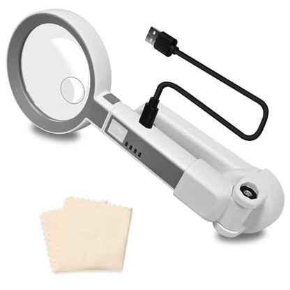 4X Rechargeable Magnifying Glass with 18 LED Light, Foldable Handheld Stand, Magnifying Glass with Light Ideal for Close Work, Seniors Reading, Macular Degeneration - Inbuilt Lithium Battery Included - size: 4X-10.5X
