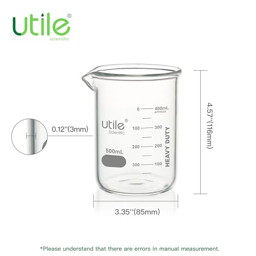 Utile 6 Pcs 500ml Glass Beaker Set, Chemical Glass Beakers, Low Form Borosilicate 3.3 Glass Lab Beaker with Printed Graduation, 4000.0500.6 - style: 500 ml (6pcs)