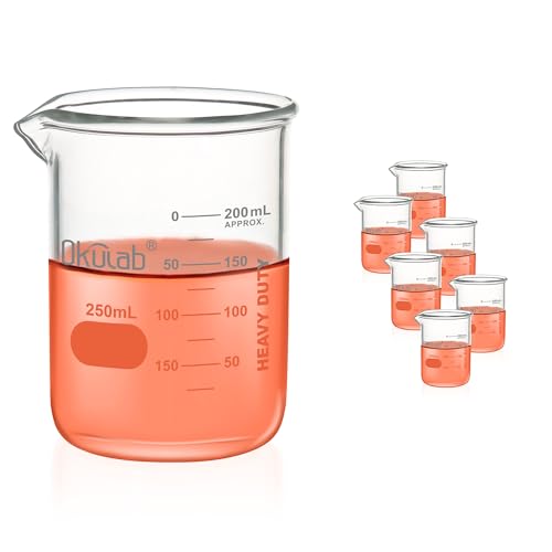 6pcs of 250mL Glass Beaker, Low Form, Graduated 3.3 Borosilicate Glass Beaker Set for Lab, Classroom, Craft, Kitchen,BKLG250B6 - style: Vol.250ml, Case of 6