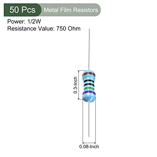 YOKIVE 50 PCS Metal Film Resistors, 750 Ohm Resistor with 1/2W 1% Tolerance, Lead, Good for DIY Electronic Projects (5 Color Bands, 9±1mm) - size: 9±1mm, style: 750