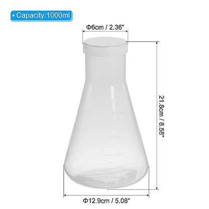 PATIKIL 1000ml Plastic Erlenmeyer Flask with Screw Caps, 2 Pack Narrow Mouth Conical Flask for Laboratory, Clear - size: 1000ml