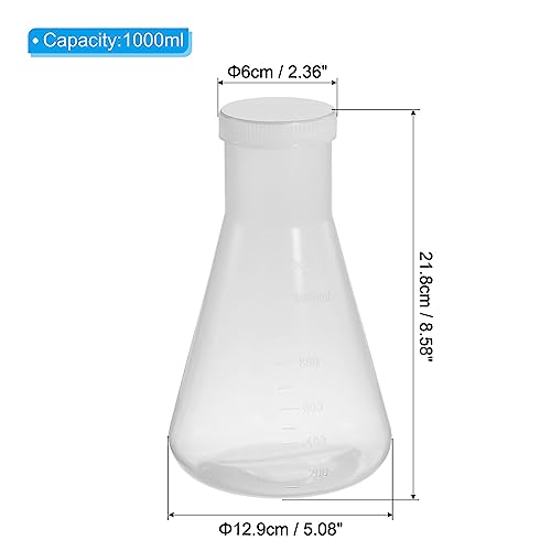 PATIKIL 1000ml Plastic Erlenmeyer Flask with Screw Caps, 2 Pack Narrow Mouth Conical Flask for Laboratory, Clear - size: 1000ml