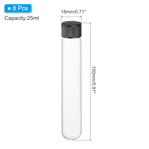 PATIKIL 25ml Test Tubes with Caps, 8pcs Glass Test Tubes Clear Round Bottom Test Tube Containers with Plastic Cap for Bead Candy Bath Salt Storage Scientific Experiment Plant, 18mmx150mm - size: 25ml