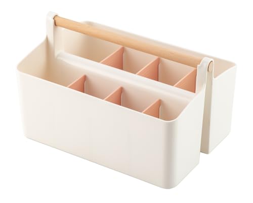Vidifor Large Plastic Portable Caddy with Handle, Storage Organizer Bin with Adjustable Dividers for Art Supplies, Crafts, Colored Pencils, Makeup Desk - color: White+Pink