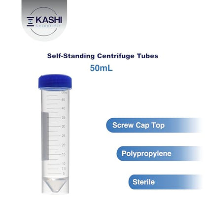 Kashi Scientific 50mL Self Standing Plastic Centrifuge Tubes with Screw Cap Lid, Skirted with Printed Graduation and Write-on Spot [50mL Self-Standing, 100] - size: 50mL Self-Standing, Sterile