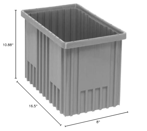 QUANTUM STORAGE SYSTEMS DG92080GY Dividable Grid Storage Container, Heavy-Duty Stackable Plastic Parts Bin for Warehouse, Assembly & Industrial Organization, 16-1/2" x 10-7/8" x 8", Gray, 8-Pack