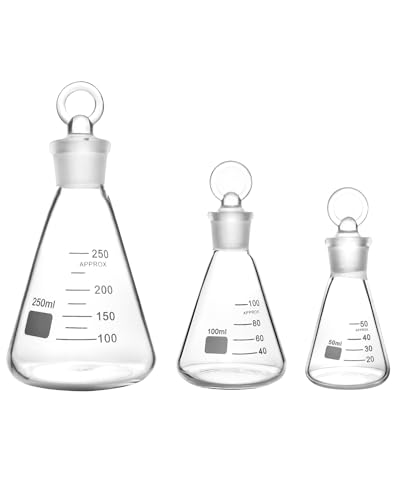QWORK Glass Erlenmeyer Flask Set (50, 100 and 250ml), 6 Pack Graduated Borosilicate Glass Erlenmeyer Conical Flask with Glass Stopper for Lab, Experiment, Chemistry - color: 2 Sets