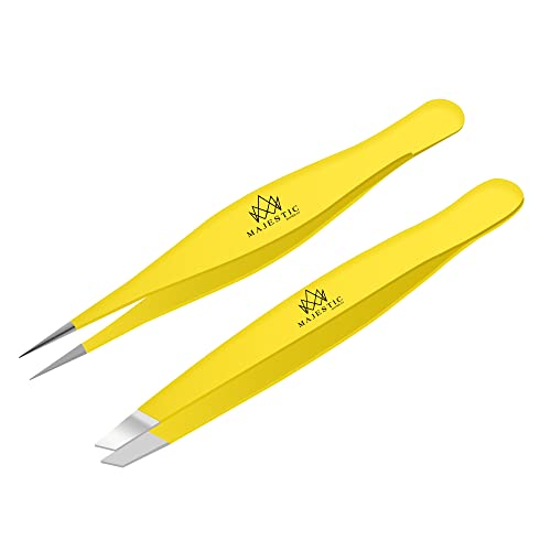 Majestic Bombay Precision Tweezers Set, Fine Point, Slant, Women and Men - color: Yellow