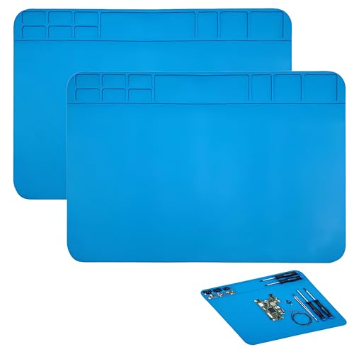 ESD Safe Soldering Mat, 2 Pcs 12”x8” Large Heat Resistant Repair Mat up to 932°F, Silicone Workstation with Grid for Phone, Laptop, Watch, BGA Electronics Repair (Blue)