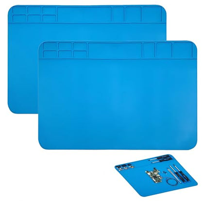 ESD Safe Soldering Mat, 2 Pcs 12”x8” Large Heat Resistant Repair Mat up to 932°F, Silicone Workstation with Grid for Phone, Laptop, Watch, BGA Electronics Repair (Blue)