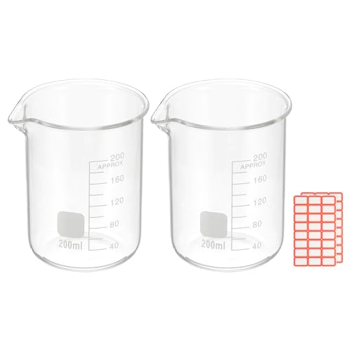 PATIKIL 200ml Glass Beaker, 2 Pack Measuring Glass Beaker Graduated Borosilicate Lab Cups Mug Low Form Heat Safe Transparent with Spout Label for Laboratory Science Kitchen Liquids - size: 200ml