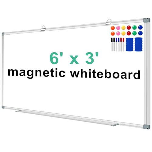 H-Qprobd Dry Erase White Board for Wall 6' x 3' Large Magnetic Whiteboard 72"x36" Aluminum Presentation Whiteboard with Long Pen Tray, 6 Markers, 2 Erasers &12 Magnets - size: 72"x36"