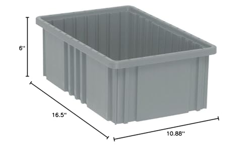 QUANTUM STORAGE SYSTEMS DG92060GY Dividable Grid Storage Container, Heavy-Duty Stackable Plastic Parts Bin for Warehouse, Assembly & Industrial Organization, 16-1/2" x 10-7/8" x 6", Gray, 8-Pack