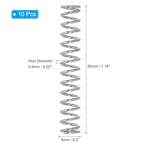 PATIKIL Compression Spring, 0.6mm Wire Dia x 5mm OD x 30mm L, 10 Pcs 304 Stainless Steel Mechanical Extension Small Springs Pen Springs Assortment Kit for Shop and Home Repairs - size: 0.6x5x30mm