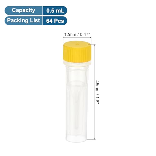 PATIKIL 0.5mL Plastic Cryogenic Vial, 64Pcs Cryogenic Storage Tube Lab Frozen Test Tube Container Storage Screw Cap for Lab Laboratory Science, Yellow Clear - color: Yellow, size: 0.5ml