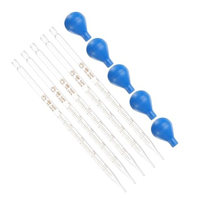 PATIKIL 5ml Glass Dropper Pipettes, 5pcs Lab Graduated Scaled Tool Straight Tip Droppers for Liquid Essential Oil Transfer, with Blue Rubber Cap