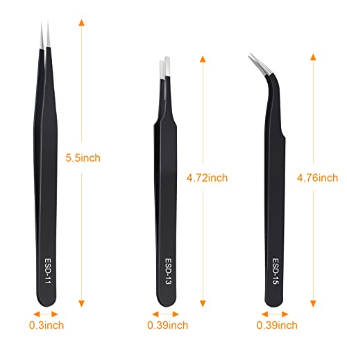 kaverme 3PCS Precision Tweezers Set, Upgraded Anti-Static Stainless Steel