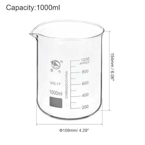 PATIKIL 1000ml Low Form Glass Beaker, 3.3 Borosilicate Glass Graduated Printed Scale Measuring Cups with Spout for Kitchen Lab Liquids Transit Boiling - size: 1000ml
